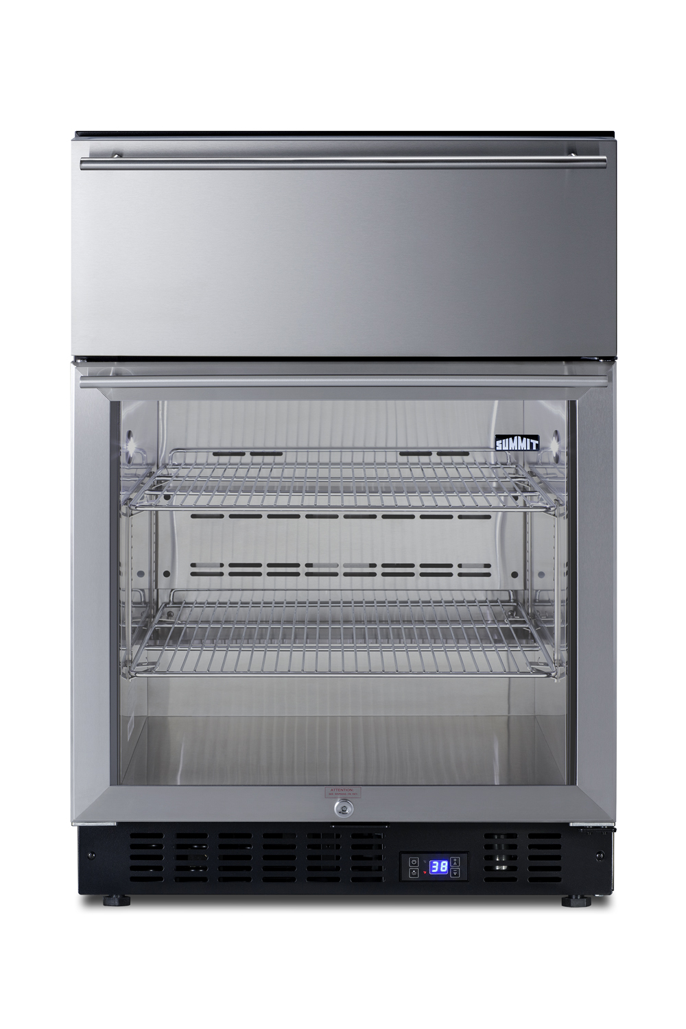 Commercially approved 4.76 cu.ft. undercounter beverage center with glass door and upper refrigerated drawer compartment